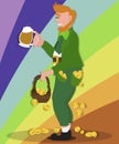 St. Patrick\'s Day illustration, leprechaun with beer and lots and lots of coins, money, symbols of good luck